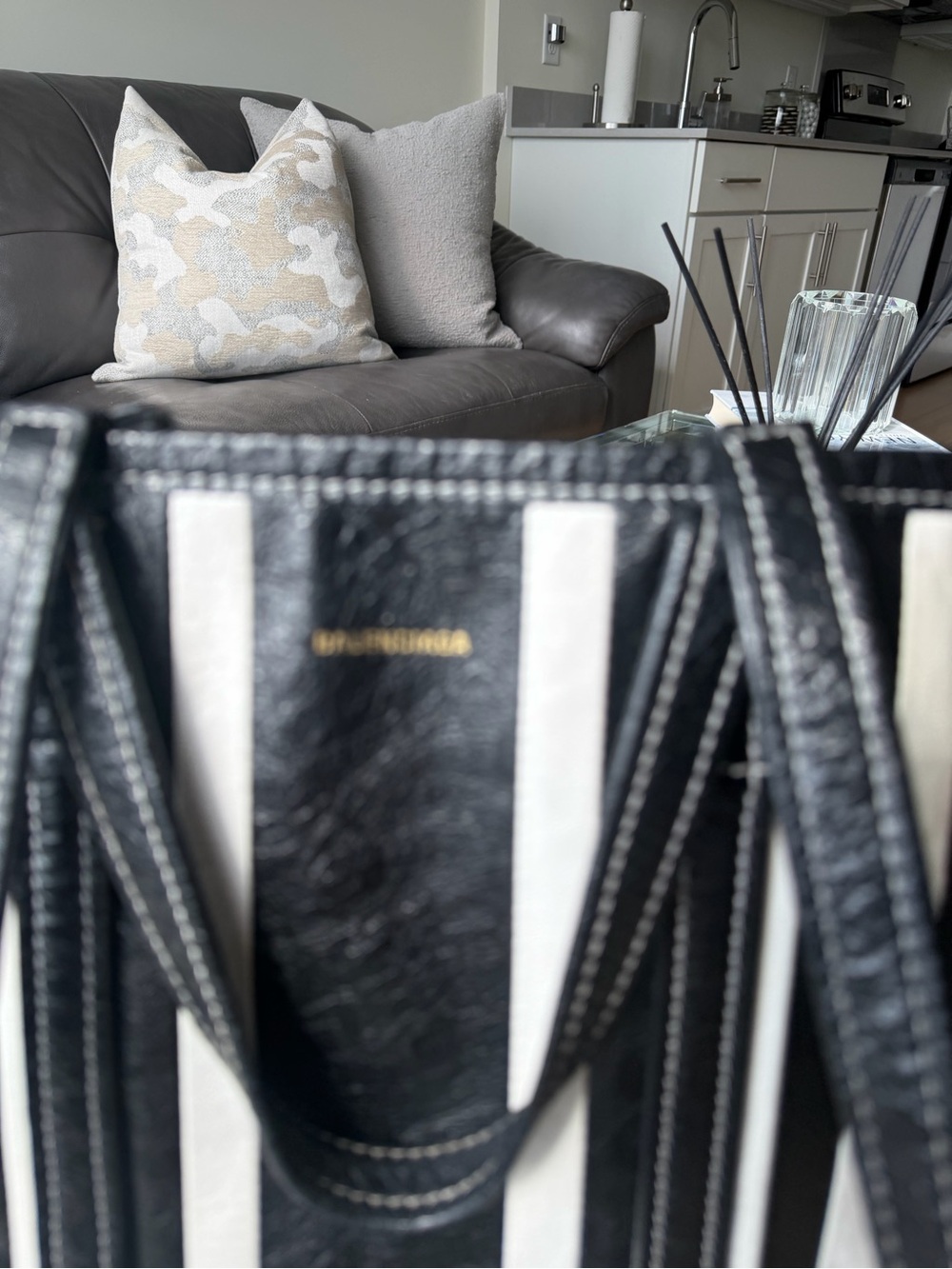 Balenciaga Black & White Vertical Stripe Leather Tote - Picture 2 of 5
